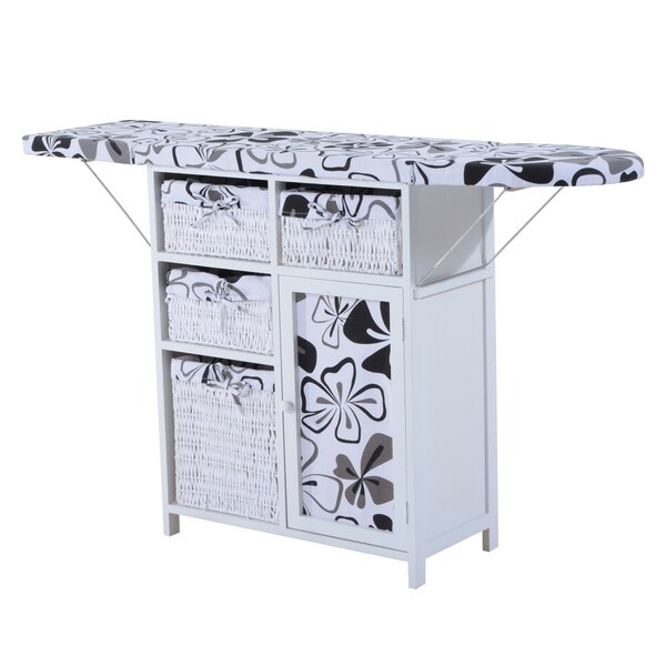 Homcom Wood Wicker Ironing Board Center With Baskets White Homcom Wood Wicker Ironing Board Center With Baskets White
