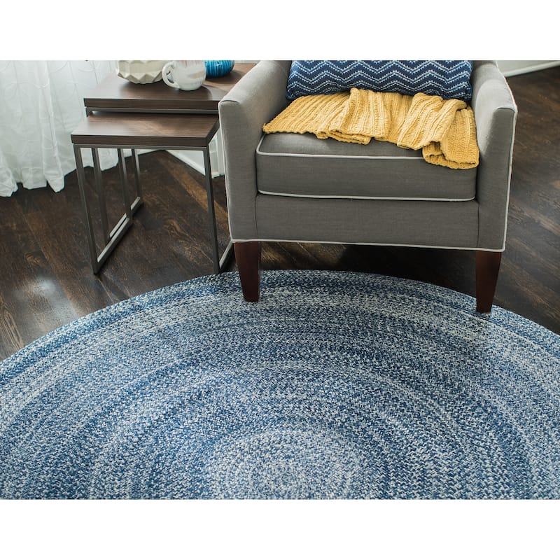 Jani Posa Blue Round Braided Jute Rug - Epona Design, 8' Feet Round.