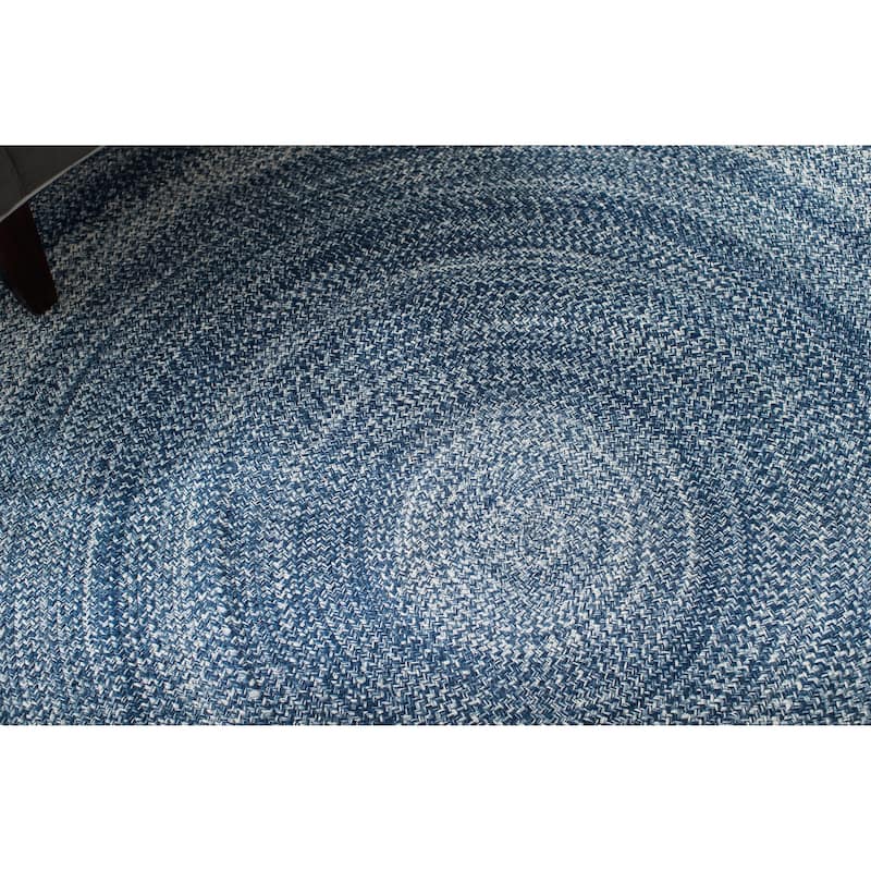 Jani Posa Blue Round Braided Jute Rug - Epona Design, 8' Feet Round.
