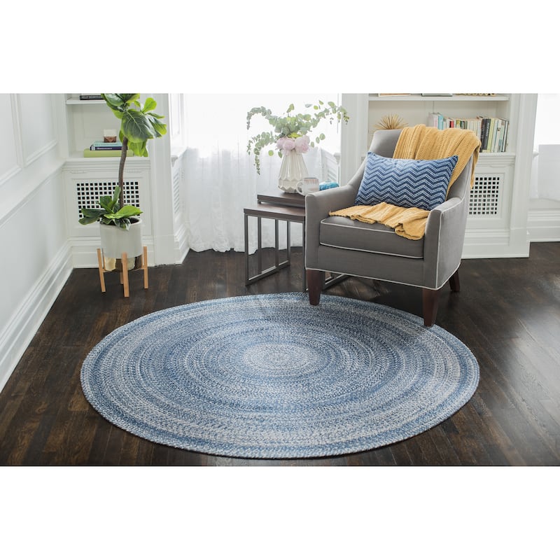 Jani Posa Blue Round Braided Jute Rug - Epona Design, 8' Feet Round.