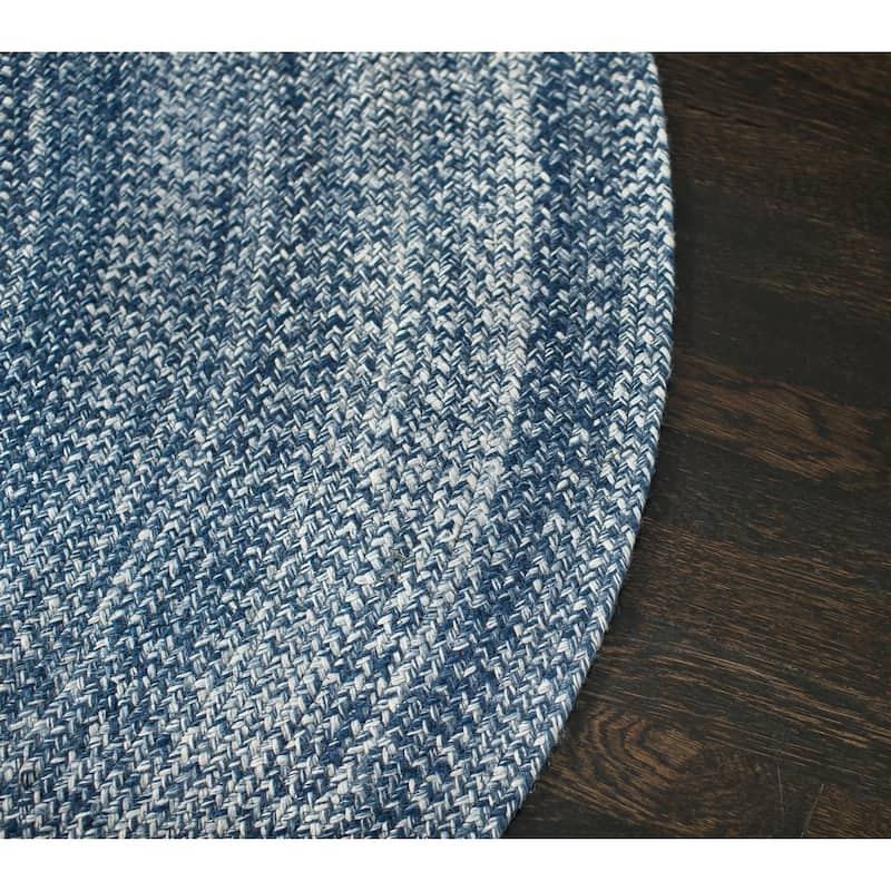 Jani Posa Blue Round Braided Jute Rug - Epona Design, 8' Feet Round.