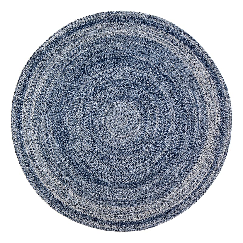 Jani Posa Blue Round Braided Jute Rug - Epona Design, 8' Feet Round.