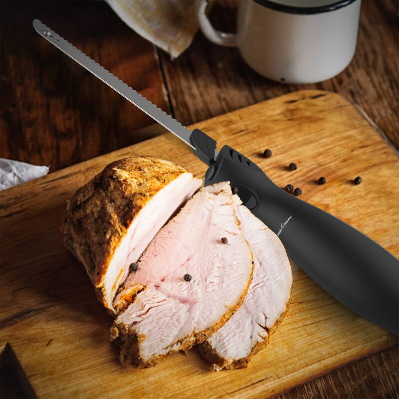 Electric Carving Knife - 8-Inch Serrated Stainless-Steel Blade Cutter with Comfort Grip Handle by Classic Cuisine (Black)