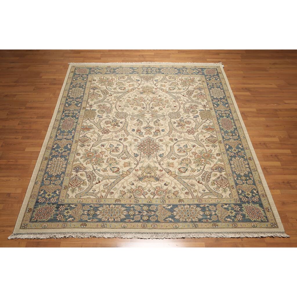 William Morris Design Soumak Nourmak Hand Knotted Persian Oriental Area Rug - Beige/Aqua - 8'1" x 9'11"