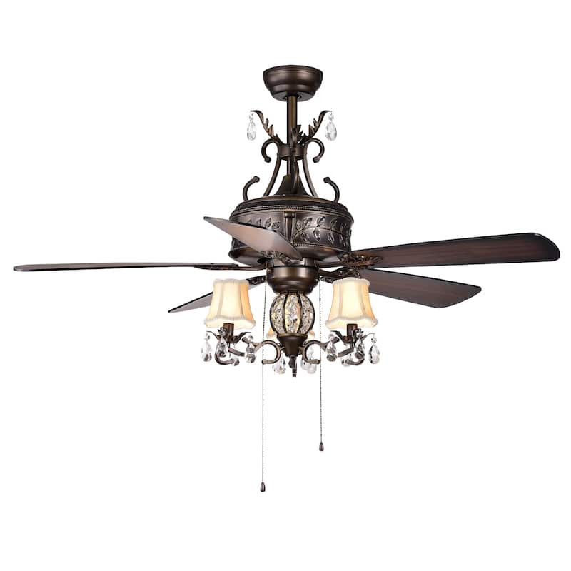 Firtha 52-Inch 5-Blade Antique Lighted Ceiling Fans with Branched French Chandelier (Optional Remote) - Antique Bronze Pull Chain