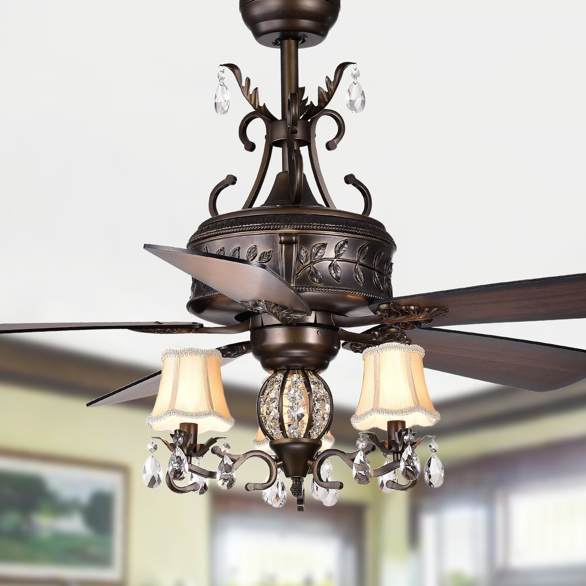 Warehouse of Tiffany Firtha 52-Inch 5-Blade Antique Lighted Ceiling Fans with Branched French Chandelier (Optional Remote)