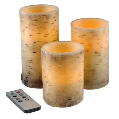 Flickering Flameless LED Candles with Birch Bark- Set of 3with Remote Control and Timer by Windsor Home