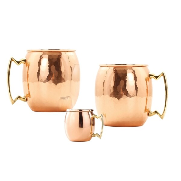 Set of 2, 16 Oz. Hammered Solid Copper Moscow Mule Mug (L,NL,CBH) with Bonus Mini Mug