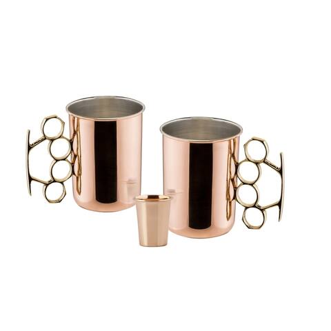 Set of 2, 20 Oz. Solid Copper Brass Knuckle Moscow Mule Mug (L,NL,CBH) with Bonus Copper Shot