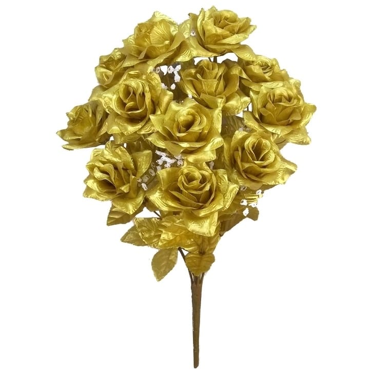 12 Stems Artificial Veined Satin Rose Flowers Bush - Gold