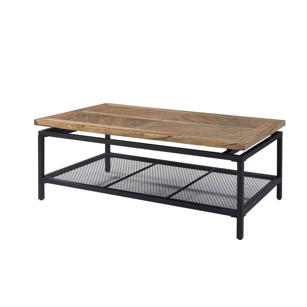 Magnolia Golden Oak and Black 47" Coffee Table with Plank Style Top, Open Shelf, And Tubular Steel Frame