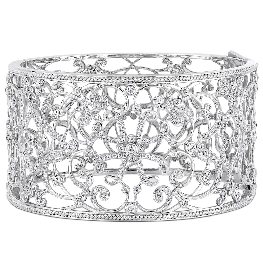 Miadora 14k White Gold 3-1/4ct TDW Diamond Filigree Openwork Cuff Bracelet