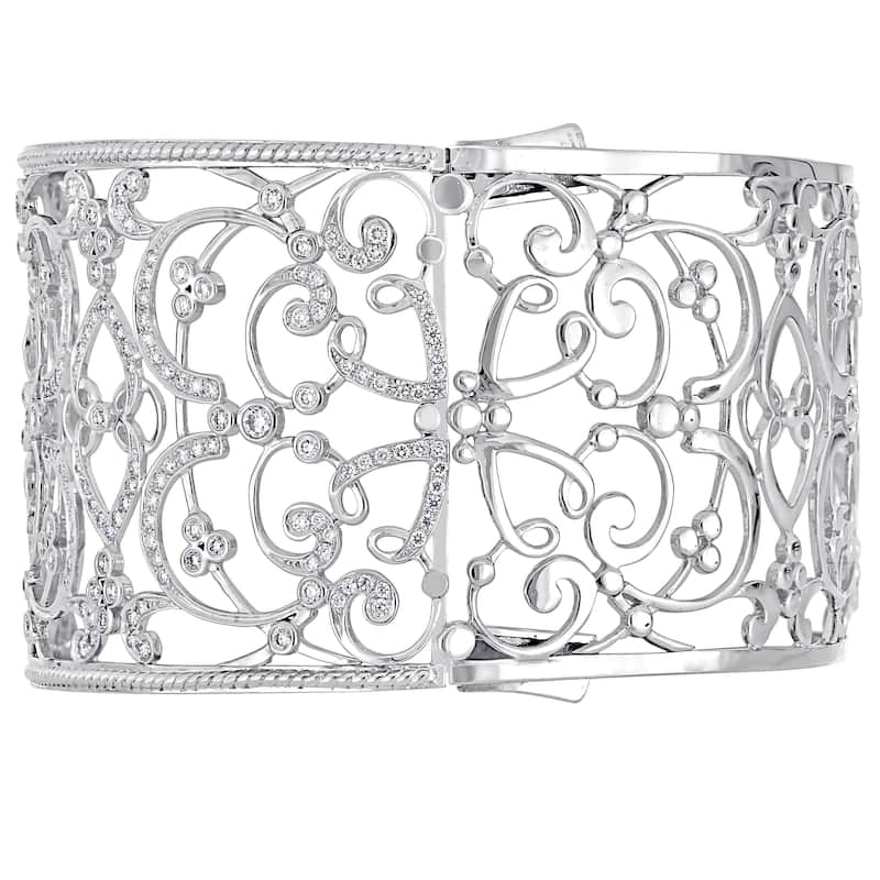Miadora Signature Collection 14k White Gold 3-1/4ct TDW Diamond Filigree Openwork Cuff Bracelet