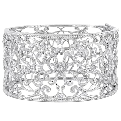 Miadora Signature Collection 14k White Gold 3-1/4ct TDW Diamond Filigree Openwork Cuff Bracelet
