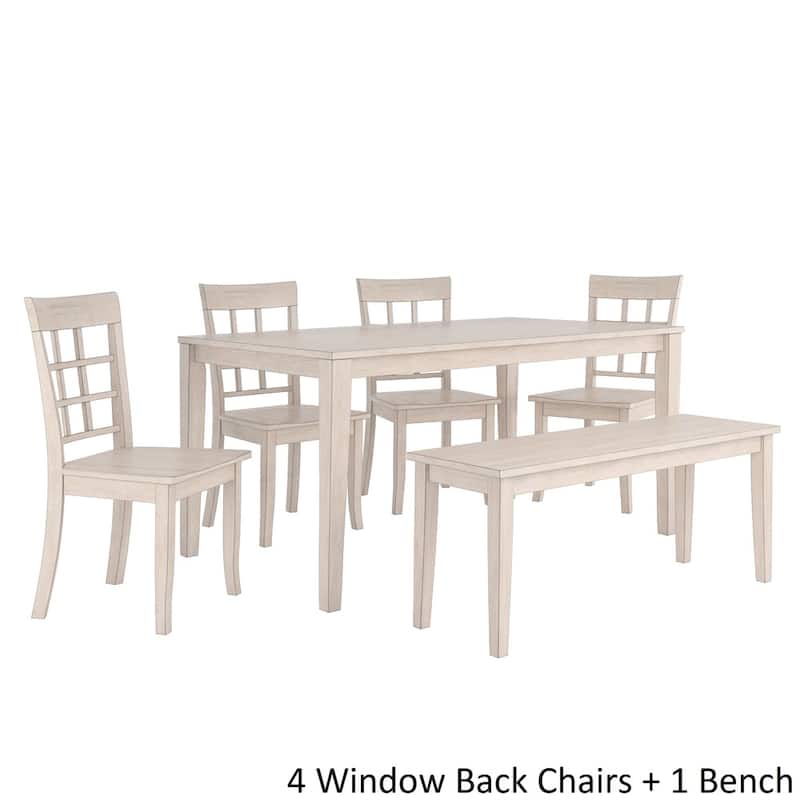 Wilmington II 60-Inch Rectangular Antique White Dining Set by iNSPIRE Q Classic - 4 Window Back Chairs + 1 Bench