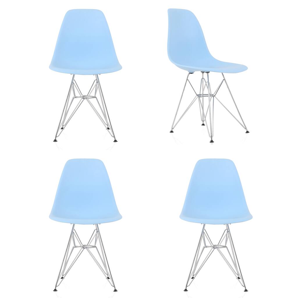 CozyBlock Set of 4 Molded Blue Plastic Dining Shell Chair with Steel Eiffel Legs