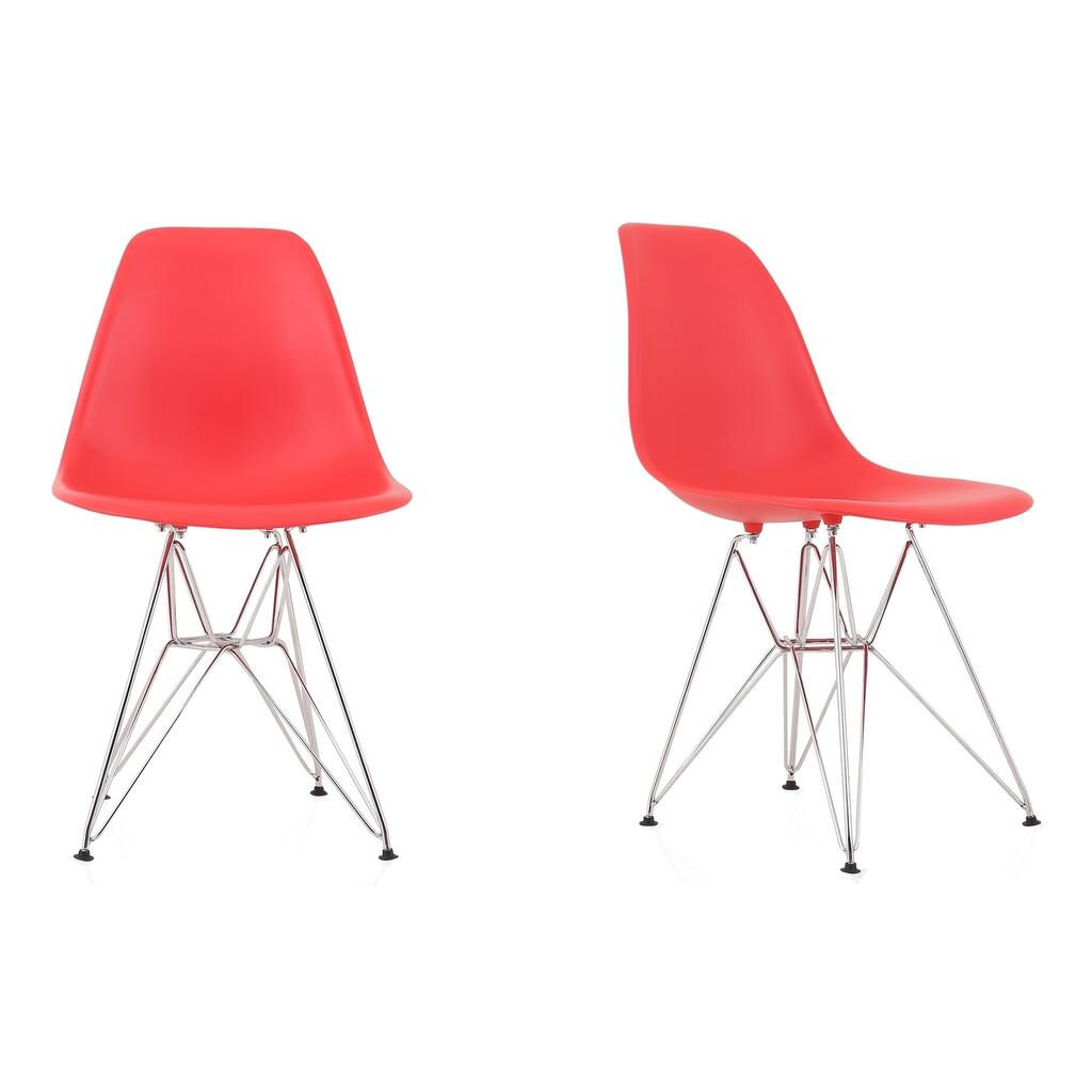 CozyBlock Set of 2 Molded Red Plastic Dining Shell Chair with Steel Eiffel Legs