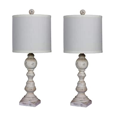 Fangio Lighting's 6241CAW-2PK Pair Of 26 in. Distressed Balustrade Resin Table Lamps in a Cottage Antique White Finish