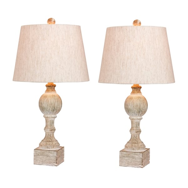 slide 2 of 2, Fangio Lighting's 6239CAW-2PK Pair Of 26.5 in. Distressed, Sculpted Column Resin Table Lamps in a Cottage Antique White Finish