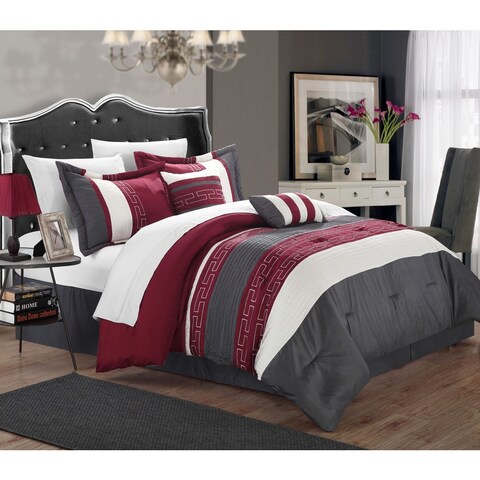 Chic Home Rosswell Burgundy Embroidered Striped 10 Piece Comforter Bed in a Bag