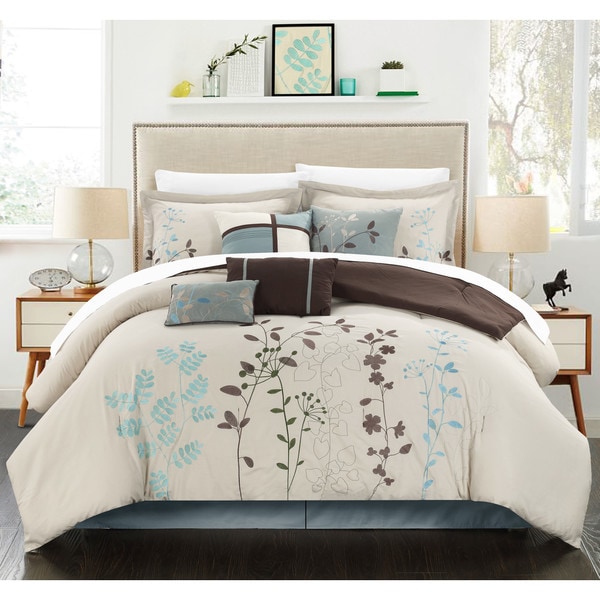 Chic Home Nits Beige Embroidered Floral 12 Piece Comforter Bed in a Bag