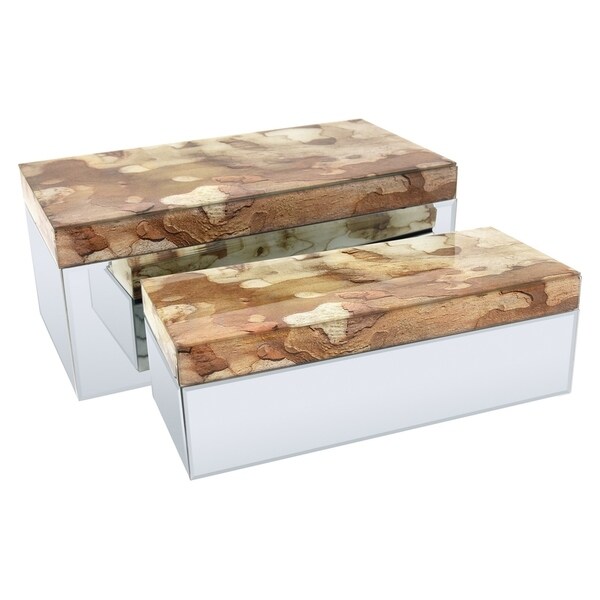 Three Hands Set Of Two Glass Boxes- Bark Pattern - l13.75x6.75x6 * m 12x5x4 *