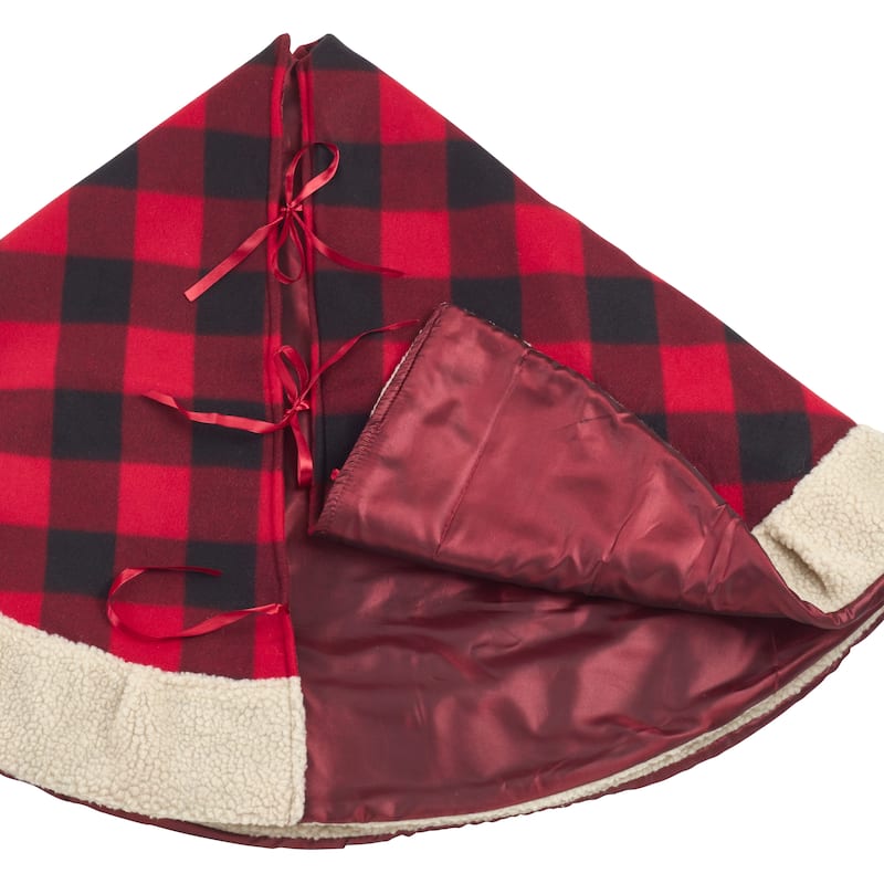 Classic Red And Black Buffalo Plaid Tree Skirt With Sherpa Trim