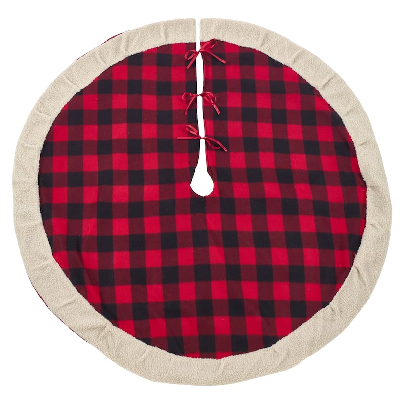 Classic Red And Black Buffalo Plaid Tree Skirt With Sherpa Trim