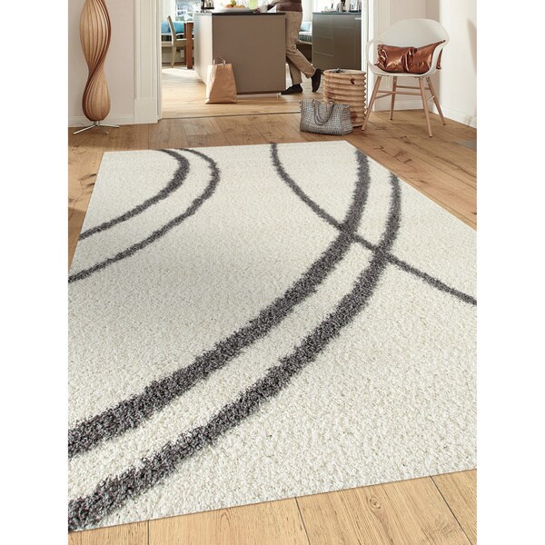 Porch & Den Marigny Rampart Soft Stripe Cream White Indoor Shag Area Rug - 7'10 x 10'