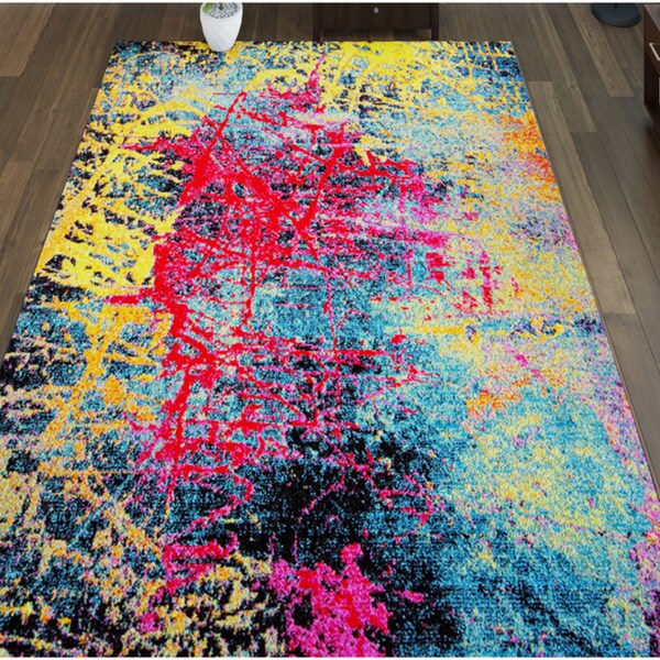 Porch & Den Hampden Hickory Red/ Yellow/ Blue Paint Splashes Area Rug - 7'10 x 10'2