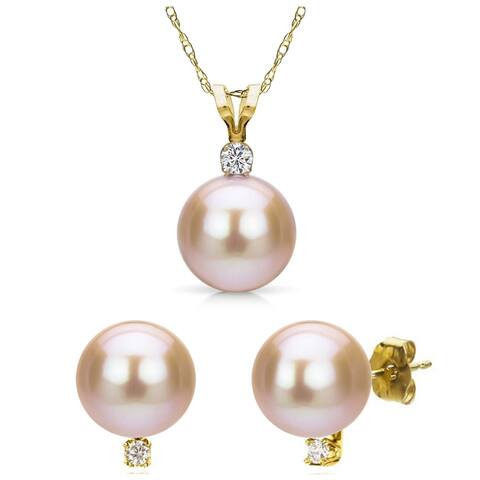 DaVonna 14k Yellow Gold Pink Freshwater Pearl and .09 CTTW Diamond Stud Earrings Chain Pendant Necklace Jewelry Set 18"