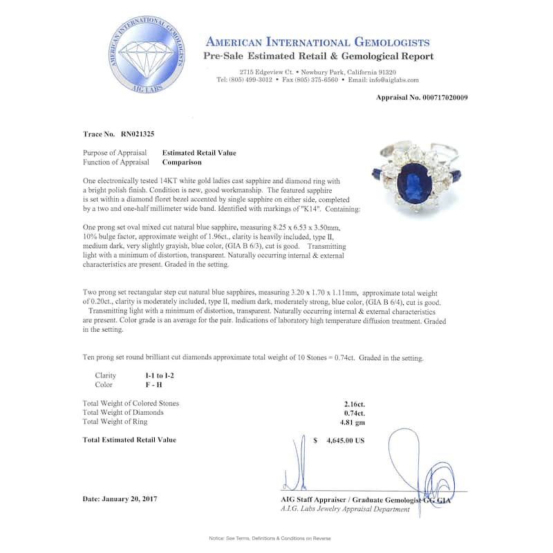Auriya 14k White Gold 2 1/6ct Oval-Cut Blue Sapphire and 3/4ct TWD Halo Diamond Engagement Ring