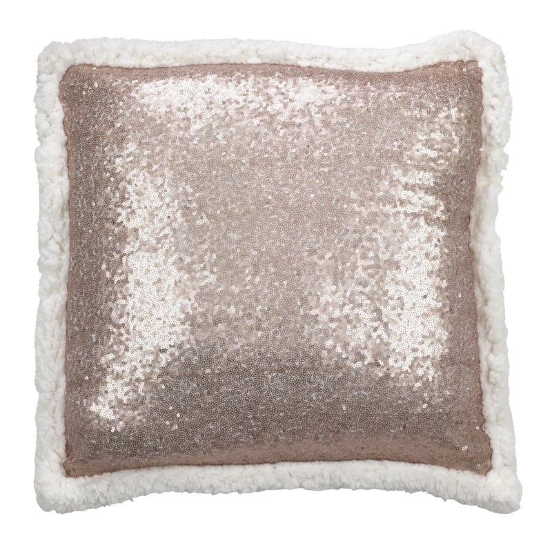 Glittery Sequin With Sherpa Trim Poly Filled Throw Pillow - Square - Champagne