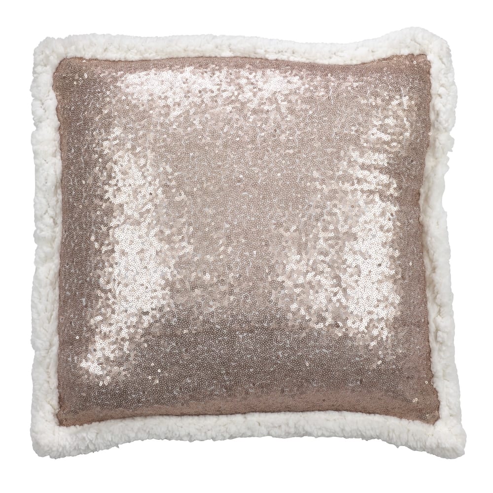 Glittery Sequin With Sherpa Trim Poly Filled Throw Pillow