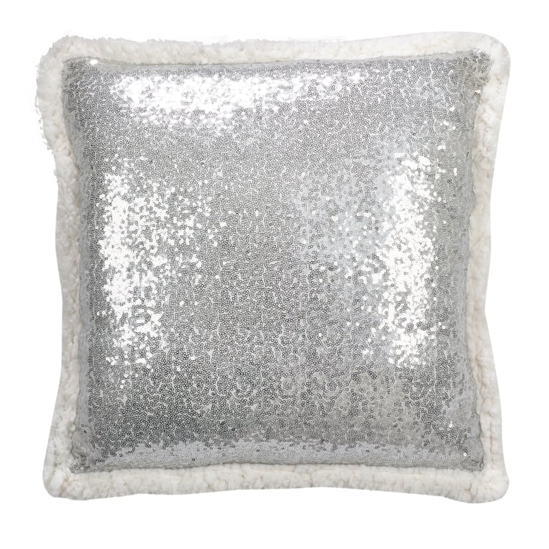 Glittery Sequin With Sherpa Trim Poly Filled Throw Pillow - Square - Silver