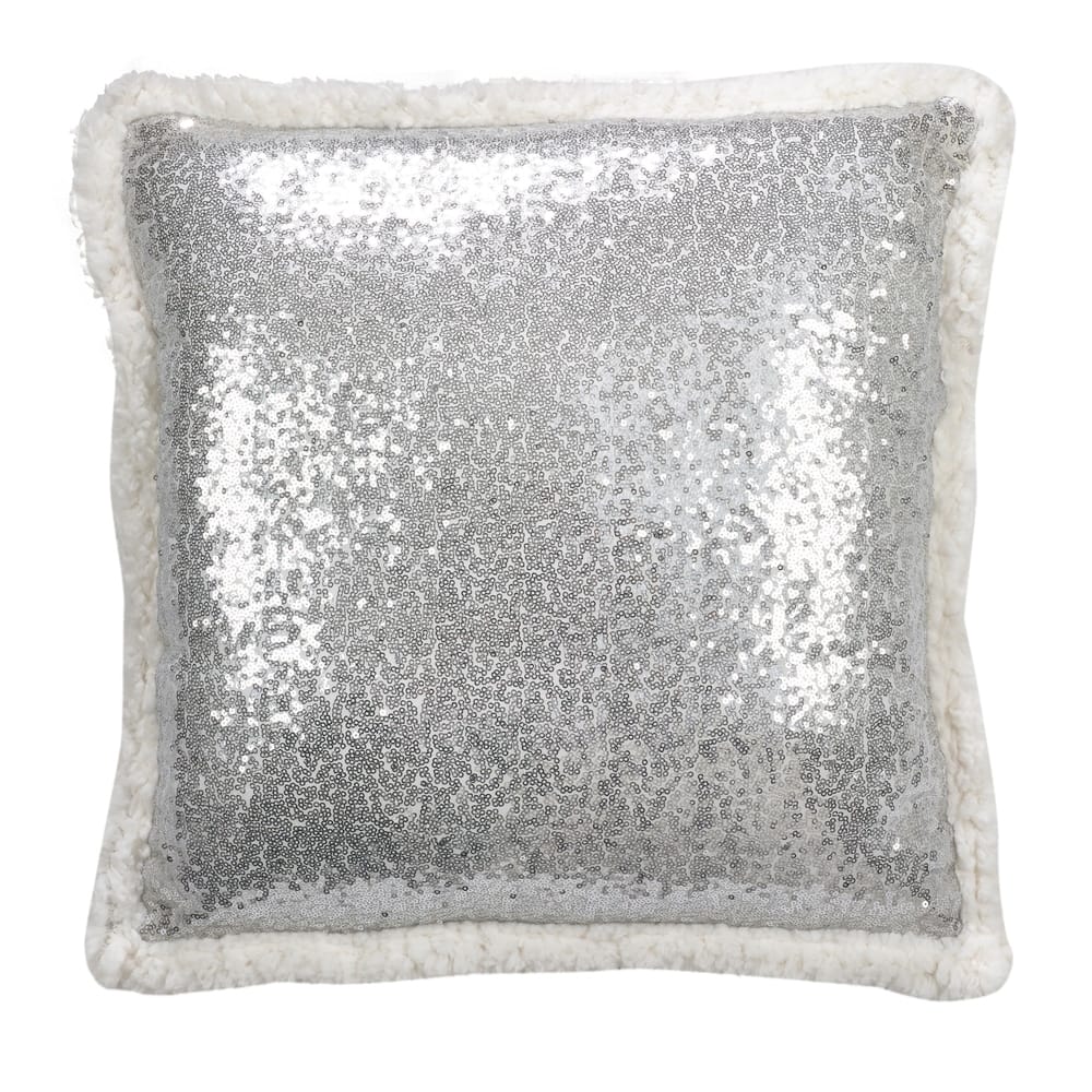 Glittery Sequin With Sherpa Trim Poly Filled Throw Pillow