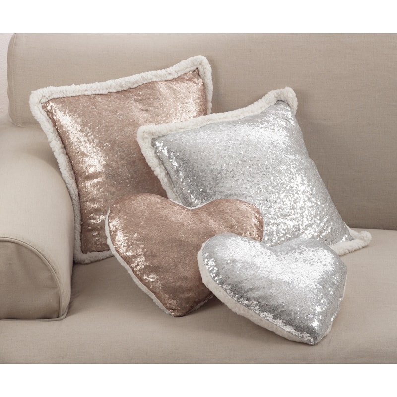 Glittery Sequin With Sherpa Trim Poly Filled Throw Pillow