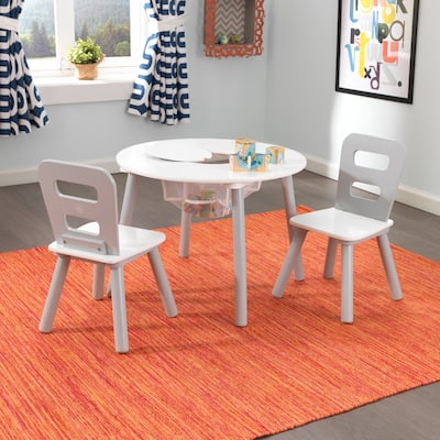 Round Storage Table & 2 Chair Set - Gray & White - Multi