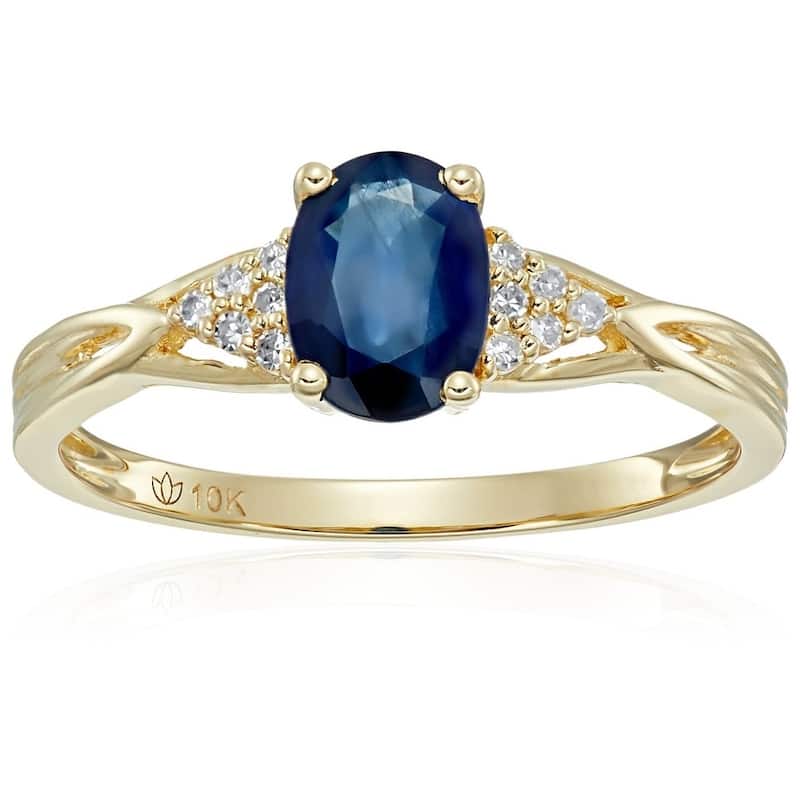 10k Yellow Gold Blue Sapphire, Diamond Classic Engagement Ring, Size 7