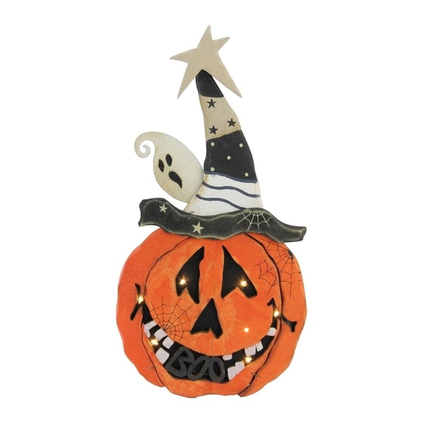 13" Battery Operated LED Lighted Pumpkin Standing Wood Halloween Decoration