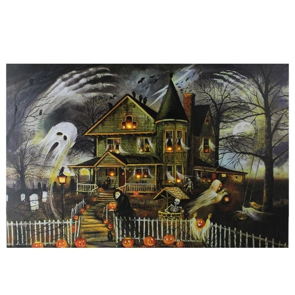 Large LED Lighted Creepy Haunted House Halloween Canvas Wall Art 23.5" x 15.5"
