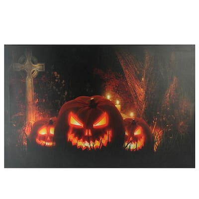 Jack-O-Lanterns in a Cemetery Halloween LED Lighted Canvas Wall Art 23.5" x 15.5"
