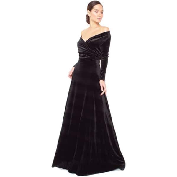 knee length dresses for ladies Camille Velvet Embellished Black Bows Long Dress in Black main image 1