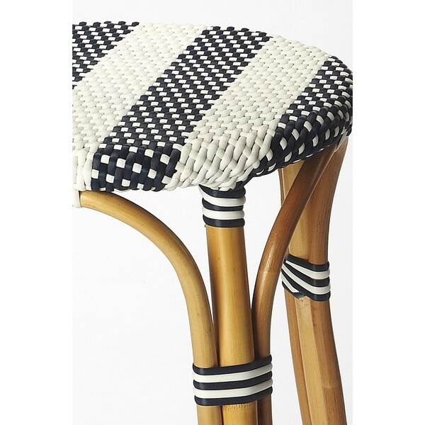blue and white rattan bar stools