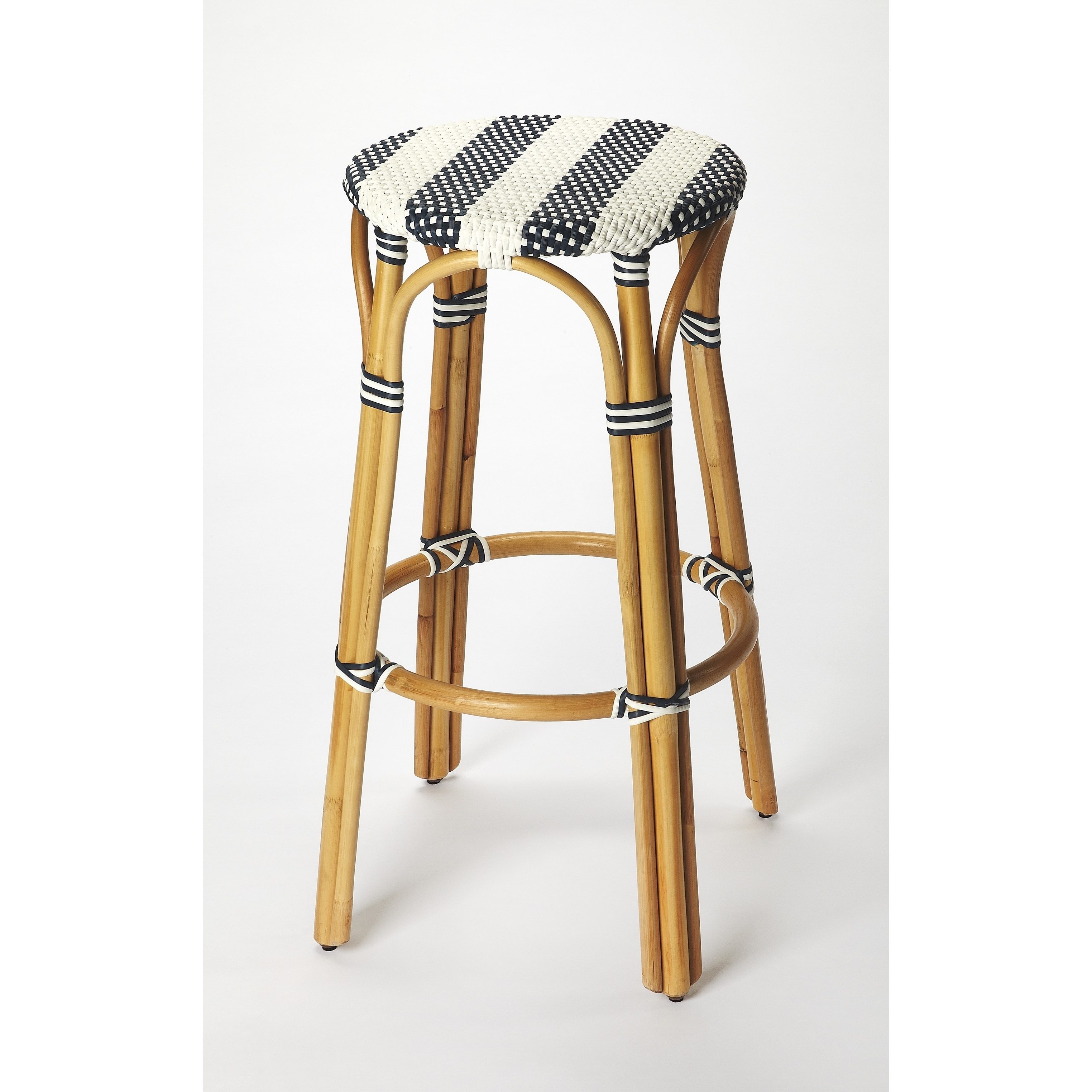 Butler Tobias Blue And White Rattan Bar Stool Round N A