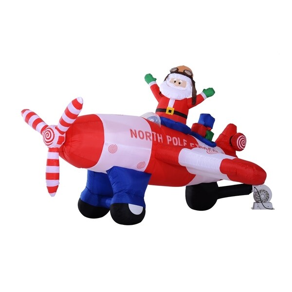 HomCom 8 Ft Long Outdoor Animated Airblown Inflatable Christmas Lawn Decoration - Santa Flying A Plane