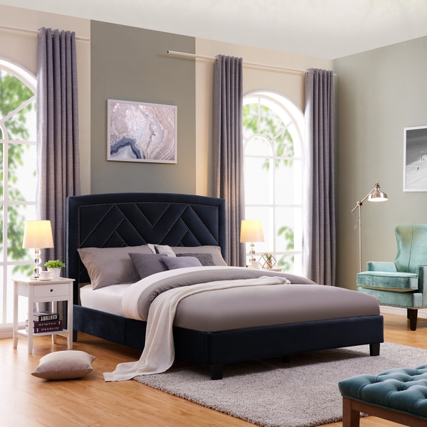 Shop Handy Living Abingdon Queen-sized Navy Blue Velvet Upholstered Bed