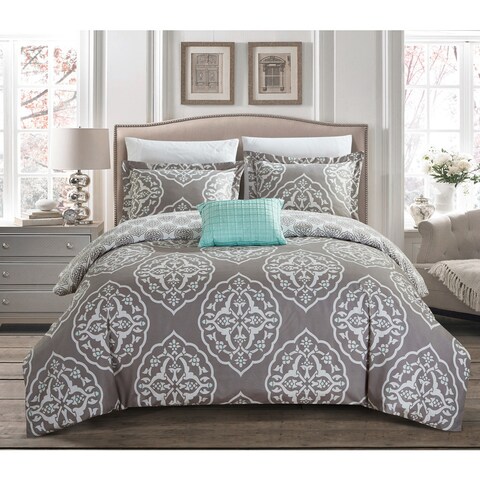 Chic Home Froilan 8 Piece Grey and Teal Medallion Print Reversible Duvet Cover and Sheet Set