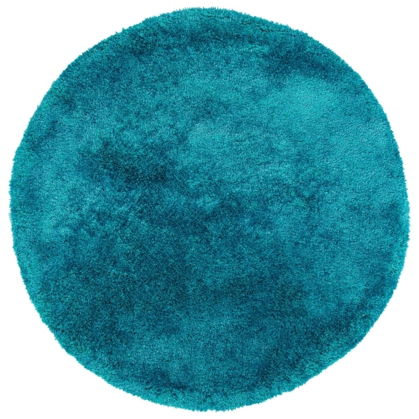 Hand-Tufted Silky Shag Teal Polyester Round Rug - 4' Round