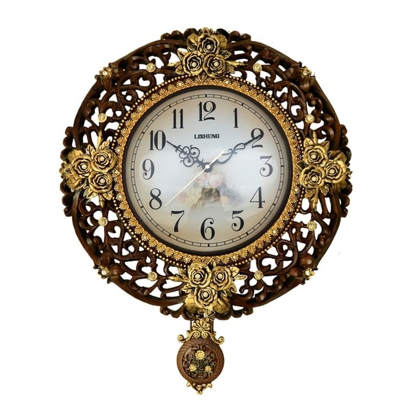 Jeweled Round Brown & Gold Polyresin Wall Clock w/ Pendulum, 17"